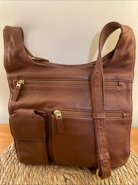 JP Ourse & Cie Vintage Brown Pebbled Leather Traveler Crossbody Bag Lined